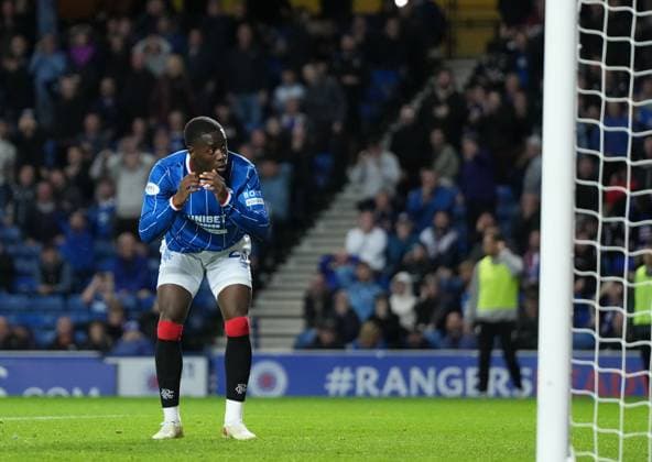Djeidi Gassama of Rangers reacts after missing an open goal. Rangers v Jablonec, UEFA Conference League, Play-Off Round, First Leg, Football, Ibrox Stadium, Glasgow, Scotland, UK - 20 Aug 2026Glasgow Ibrox Stadium Scotland United Kingdom  Copyright: xStuartxWallace Shutterstockx 17108686bk