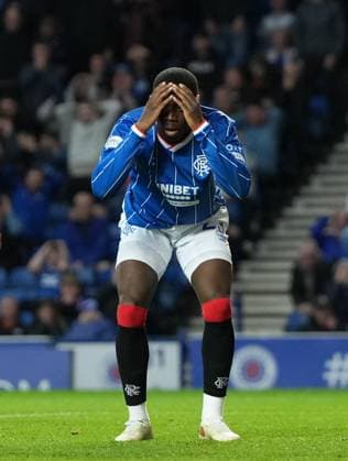 Djeidi Gassama of Rangers reacts after missing an open goal. Rangers v Jablonec, UEFA Conference League, Play-Off Round, First Leg, Football, Ibrox Stadium, Glasgow, Scotland, UK - 20 Aug 2026Glasgow Ibrox Stadium Scotland United Kingdom  Copyright: xStuartxWallace Shutterstockx 17108686bn
