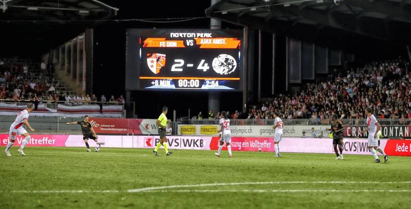 SION , 2008-2026, Stade de Tourbillon , season 2026 2027 , UEFA Conference League play-off football . Match between FC Sion and Ajax, Picture shows end result 2-4 Sion - Ajax  x205878629x Copyright: