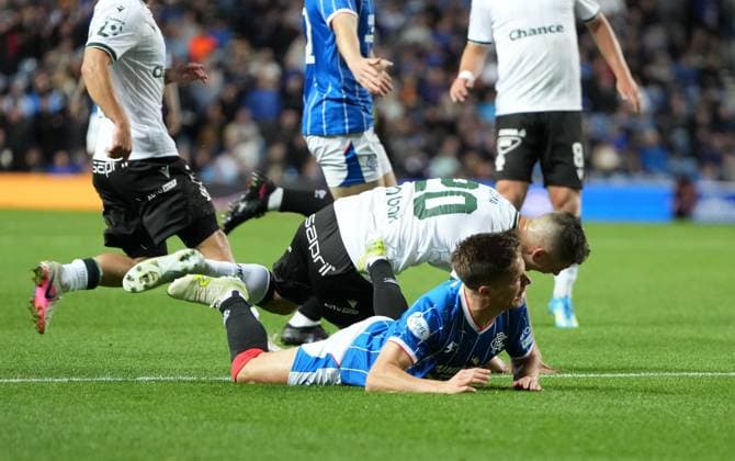 Incident between Cameron Devlin of Rangers & Jiri Slama of FK Jablonec. Devlin was shown a straight red card by Referee Marian Barbu for the challenge following a VAR review. Rangers v Jablonec, UEFA Conference League, Play-Off Round, First Leg, Football, Ibrox Stadium, Glasgow, Scotland, UK - 20 Aug 2026Glasgow Ibrox Stadium Scotland United Kingdom  Copyright: xStuartxWallace Shutterstockx 17108686bo