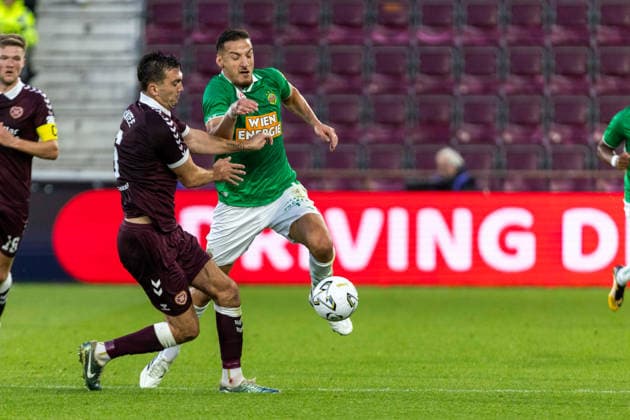 SOCCER - UEFA ECL, Hearts vs Rapid EDINBURGH,SCOTLAND,20.AUG.26 - SOCCER - UEFA Conference League, play-off, Heart of Midlothian FC vs SK Rapid Wien. Image shows the rejoicing of Serge-Philippe Raux-Yao and Ercan Kara (Rapid).  GEPAxpictures xPhilippxBrem