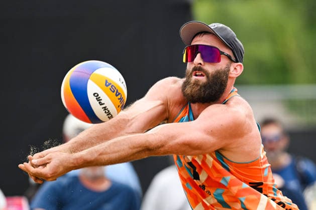 MONTREAL, QC - AUGUST 20: Hendrik Nikolai Mol (NOR) bumps the ball during a main draw match at Beach Pro Tour Montreal Elite 16 on August 20, 2026 at Parc Jean-Drapeau in Montreal, QC (Photo by David Kirouac Icon Sportswire) VOLLEYBALL: AUG 20 Beach Pro Tour Montreal Elite 16 EDITORIAL USE ONLY Icon26082005526