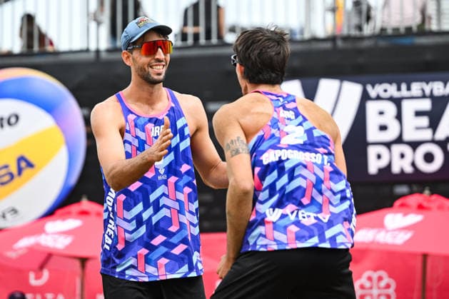 MONTREAL, QC - AUGUST 20: Nicols Capogrosso N (ARG) and Tomas Capogrosso (ARG) reacts after scoring a point during a main draw match at Beach Pro Tour Montreal Elite 16 on August 20, 2026 at Parc Jean-Drapeau in Montreal, QC (Photo by David Kirouac Icon Sportswire) VOLLEYBALL: AUG 20 Beach Pro Tour Montreal Elite 16 EDITORIAL USE ONLY Icon26082006026
