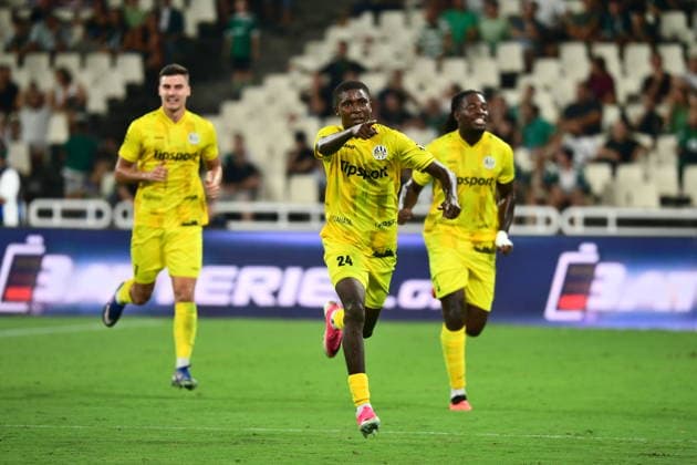 UEFA Conference League, Panathinaikos vs Hradec Kralove - Andrews Tetteh of Panathinaikos celebrates after scoring the 1-0 against Hradec Kralove during the UEFA Conference LeaguePlay-offs 1st leg soccer match between Panathinaikos vs Hradec Kralove, held at Olympic Athletic Center of Athens Spyros Louis in Athens, Greece, on 20 August 2026. IMAGO ONE INCH PRODUCTIONS ATHENS GREECE Copyright: xOnexInchxProductionsx 7061242