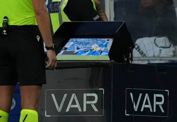 Referee Marian Barbu reviews footage on the VAR monitor before showing a straight red card to Cameron Devlin of Rangers for a challenge on Jiri Slama of FK Jablonec. Rangers v Jablonec, UEFA Conference League, Play-Off Round, First Leg, Football, Ibrox Stadium, Glasgow, Scotland, UK - 20 Aug 2026Glasgow Ibrox Stadium Scotland United Kingdom  Copyright: xStuartxWallace Shutterstockx 17108686by