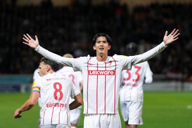 Keisuke Goto (SC Freiburg, 42) Torjubel, Emotionen, Torschuss, Abschluss, Torerfolg, Tor, Treffer , Schottland, Fussball, UEFA Conference League, Play-offs, Hinspiel, 2026 2027, Motherwell FC vs. SC Freiburg, 20.08.2026, Fir Park Stadium, Motherwell Motherwell Fir Park Stadium North Lanarkshire Schottland *** Keisuke Goto, SC Freiburg, 42, goal celebration, emotions, shot on goal, shot, goal scored, goal, Scotland, soccer, UEFA Conference League, playoffs, first leg, 2026–2027, Motherwell FC vs. SC Freiburg, August 20, 2026, Fir Park Stadium, Motherwell, North Lanarkshire, Scotland Copyright: xArnexAmbergx