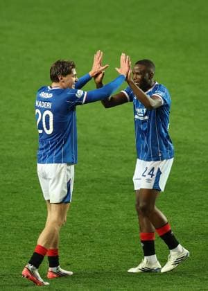 Ryan Naderi of Rangers celebrates his goal with his team mate Olwethu Makhanya during the UEFA Conference League play-off round first leg at Ibrox Stadium, Glasgow. Rangers v Jablonec - UEFA Conference League - Play-Off Round First Leg - Ibrox Stadium, Glasgow, Lanarkshire, Scotland, UK - 20 Aug 2026Glasgow Ibrox Lanarkshire United Kingdom  Copyright: xO Rourke RangersxFC Shutterstockx 17110133u