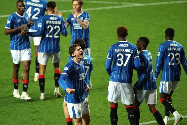 Ryan Naderi of Rangers celebrates his goal with his team mates during the UEFA Conference League play-off round first leg at Ibrox Stadium, Glasgow. Rangers v Jablonec - UEFA Conference League - Play-Off Round First Leg - Ibrox Stadium, Glasgow, Lanarkshire, Scotland, UK - 20 Aug 2026Glasgow Ibrox Lanarkshire United Kingdom  Copyright: xO Rourke RangersxFC Shutterstockx 17110133m