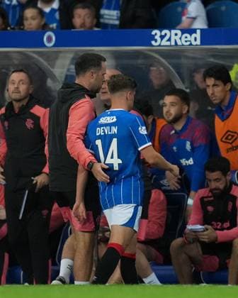 Cameron Devlin of Rangers walks off the pitch after he was shown a straight red card by Referee Marian Barbu for a challenge on Jiri Slama of FK Jablonec, right, following a VAR review. Rangers v Jablonec, UEFA Conference League, Play-Off Round, First Leg, Football, Ibrox Stadium, Glasgow, Scotland, UK - 20 Aug 2026Glasgow Ibrox Stadium Scotland United Kingdom  Copyright: xStuartxWallace Shutterstockx 17108686ci