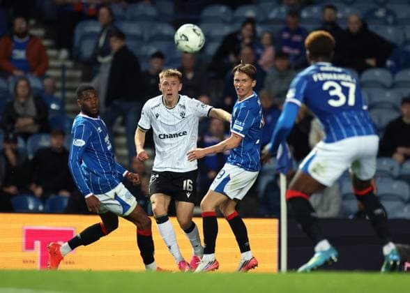 Dujon Sterling and James Penrice of Rangers battles for the ball with Hugo Ahl of Jablonec during the UEFA Conference League play-off round first leg at Ibrox Stadium, Glasgow. Rangers v Jablonec - UEFA Conference League - Play-Off Round First Leg - Ibrox Stadium, Glasgow, Lanarkshire, Scotland, UK - 20 Aug 2026Glasgow Ibrox Lanarkshire United Kingdom  Copyright: xO Rourke RangersxFC Shutterstockx 17110133al