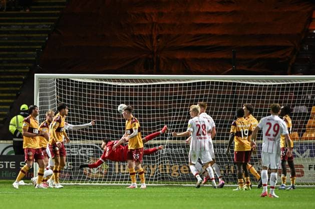 Motherwell v SC Freiburg UEFA Europa Conference League Keisuke Goto of SC Freiburg scores his sides third goal of the match with a header during the UEFA Europa Conference League Play-Off First Leg match at Fir Park, Motherwell 20 08 2026 UK Newspapers OUT Copyright: xJamiexJohnstonx FIL-23808-0082