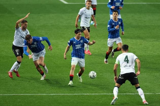Daisuke Yokota of Rangers on the ball during the UEFA Conference League play-off round first leg at Ibrox Stadium, Glasgow. Rangers v Jablonec - UEFA Conference League - Play-Off Round First Leg - Ibrox Stadium, Glasgow, Lanarkshire, Scotland, UK - 20 Aug 2026Glasgow Ibrox Lanarkshire United Kingdom  Copyright: xO Rourke RangersxFC Shutterstockx 17110133ay