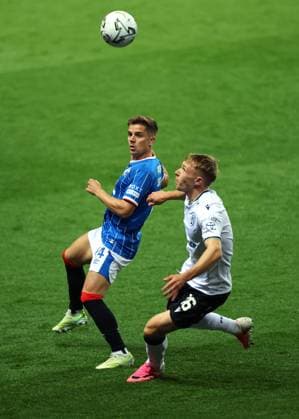 Cameron Devlin of Rangers and Hugo Ahl of Jablonec during the UEFA Conference League play-off round first leg at Ibrox Stadium, Glasgow. Rangers v Jablonec - UEFA Conference League - Play-Off Round First Leg - Ibrox Stadium, Glasgow, Lanarkshire, Scotland, UK - 20 Aug 2026Glasgow Ibrox Lanarkshire United Kingdom  Copyright: xO Rourke RangersxFC Shutterstockx 17110133aw