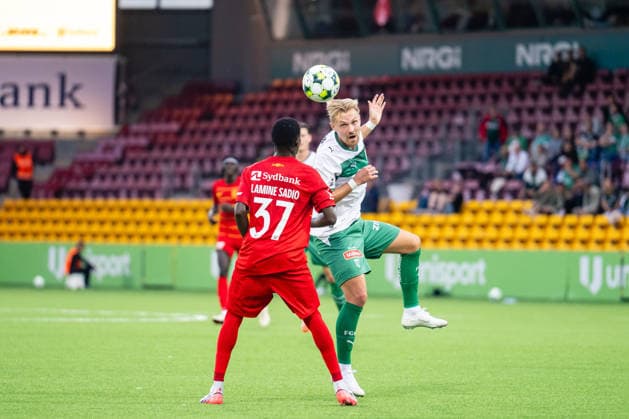 FC Nordsjaelland v St. Gallen, UEFA Conference League qualification, Farum, Denmark Farum, Denmark. 20th, August 2026. Lamine Sadio (37) of FC Nordsjaelland and Lukas Daschner of St. Gallen seen during the UEFA Conference League qualification match between FC Nordsjaelland and St. Gallen at Right to Dream Park in Farum. Denmark, Farum  Copyright: xGonzalesxPhoto TobiasxJorgensenx