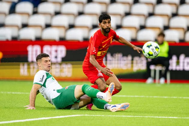 FC Nordsjaelland v St. Gallen, UEFA Conference League qualification, Farum, Denmark Farum, Denmark. 20th, August 2026. Ibrahim Adel (R) of FC Nordsjaelland and Jozo Stanic (L) of St. Gallen seen during the UEFA Conference League qualification match between FC Nordsjaelland and St. Gallen at Right to Dream Park in Farum. Denmark, Farum  Copyright: xGonzalesxPhoto TobiasxJorgensenx