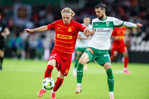 FC Nordsjaelland v St. Gallen, UEFA Conference League qualification, Farum, Denmark Farum, Denmark. 20th, August 2026. Runar Norheim (23) of FC Nordsjaelland and Mihailo Stevanovic (R) of St. Gallen seen during the UEFA Conference League qualification match between FC Nordsjaelland and St. Gallen at Right to Dream Park in Farum. Denmark, Farum  Copyright: xGonzalesxPhoto TobiasxJorgensenx