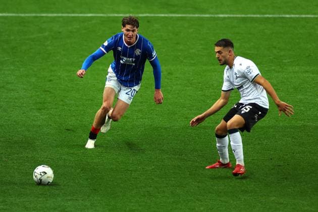 Ryan Naderi of Rangers and Dusan Pavlovic of Jablonec during the UEFA Conference League play-off round first leg at Ibrox Stadium, Glasgow. Rangers v Jablonec - UEFA Conference League - Play-Off Round First Leg - Ibrox Stadium, Glasgow, Lanarkshire, Scotland, UK - 20 Aug 2026Glasgow Ibrox Lanarkshire United Kingdom  Copyright: xO Rourke RangersxFC Shutterstockx 17110133bj