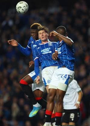 Ryan Naderi, Emmanuel Fernandez and Olwethu Makhanya of Rangers jumps for the ball during the UEFA Conference League play-off round first leg at Ibrox Stadium, Glasgow. Rangers v Jablonec - UEFA Conference League - Play-Off Round First Leg - Ibrox Stadium, Glasgow, Lanarkshire, Scotland, UK - 20 Aug 2026Glasgow Ibrox Lanarkshire United Kingdom  Copyright: xO Rourke RangersxFC Shutterstockx 17110133bm