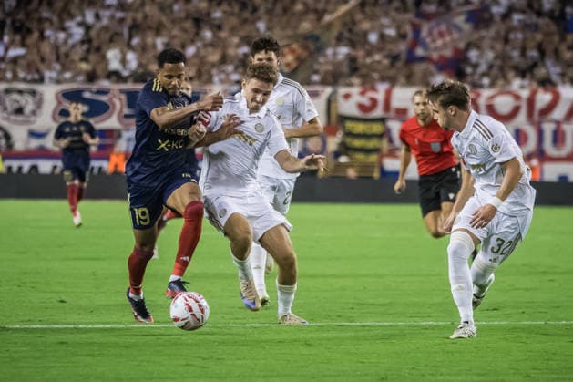 HNK Hajduk Split v Rakow Czestochowa - UEFA Conference League 2026 27 Play Off Round First Leg Michael Ameyaw of Rakow Czestochowa and Adrion Pajaziti of HNK Hajduk Split competes for the ball during the UEFA Conference League 2026 27 play off first leg match between HNK Hajduk Split and Rakow Czestochowa at Poljud Stadium on August 20, 2026 in Split, Croatia.  ZvonimirxBarisin PIXSELL