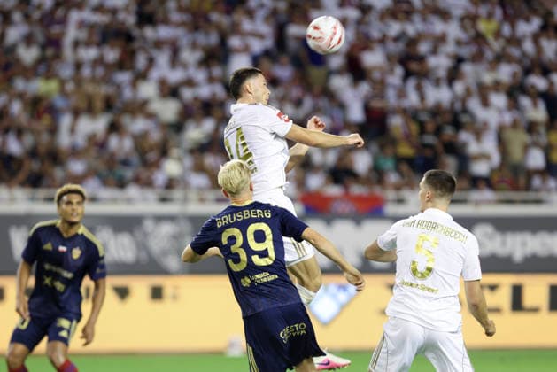 HNK Hajduk Split v Rakow Czestochowa - UEFA Conference League 2026 27 Play Off Round First Leg Ron Raci of HNK Hajduk Split jump for a header during the UEFA Conference League 2026 27 play off first leg match between HNK Hajduk Split and Rakow Czestochowa at Poljud Stadium on August 20, 2026 in Split, Croatia.  IvoxCagalj PIXSELL
