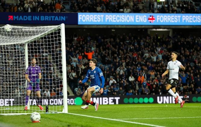 Ryan Naderi of Rangers scores his sides first goal during UEFA Conference League play off round first leg match at Ibrox Stadium, Glasgow. Rangers v FK Jablonec - UEFA Conference League Play-off Round First Leg - Ibrox Stadium, Glasgow, Lanarkshire, Scotland, UK - 20 Aug 2026Glasgow Ibrox Stadium Lanarkshire, Scotland United Kingdom EDITORIAL USE ONLY  Copyright: xRangersxFC Shutterstockx 17110329ad
