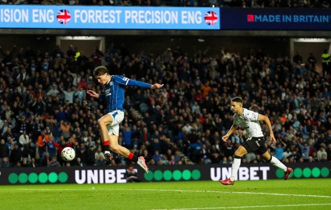 Ryan Naderi of Rangers scores his sides first goal during UEFA Conference League play off round first leg match at Ibrox Stadium, Glasgow. Rangers v FK Jablonec - UEFA Conference League Play-off Round First Leg - Ibrox Stadium, Glasgow, Lanarkshire, Scotland, UK - 20 Aug 2026Glasgow Ibrox Stadium Lanarkshire, Scotland United Kingdom EDITORIAL USE ONLY  Copyright: xRangersxFC Shutterstockx 17110329s