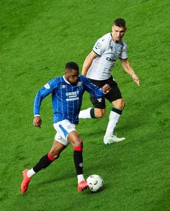 Dujon Sterling of Rangers during UEFA Conference League play off round first leg match at Ibrox Stadium, Glasgow. Rangers v FK Jablonec - UEFA Conference League Play-off Round First Leg - Ibrox Stadium, Glasgow, Lanarkshire, Scotland, UK - 20 Aug 2026Glasgow Ibrox Stadium Lanarkshire, Scotland United Kingdom EDITORIAL USE ONLY  Copyright: xRangersxFC Shutterstockx 17110329l