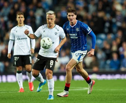 Ryan Naderi of Rangers during UEFA Conference League play off round first leg match at Ibrox Stadium, Glasgow. Rangers v FK Jablonec - UEFA Conference League Play-off Round First Leg - Ibrox Stadium, Glasgow, Lanarkshire, Scotland, UK - 20 Aug 2026Glasgow Ibrox Stadium Lanarkshire, Scotland United Kingdom EDITORIAL USE ONLY  Copyright: xRangersxFC Shutterstockx 17110329bd