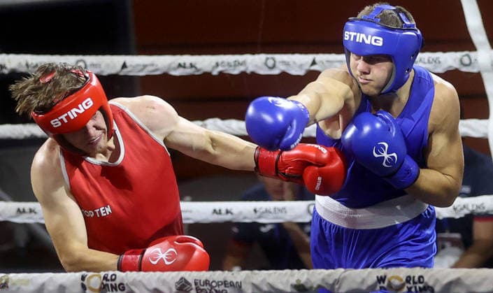 20.08.2026 Loznica(Serbia) European Juniors U19 boxing championship men s -90kg semi fiinal Markuss Reke(L) Latvia, Albe Dowell (r) England :