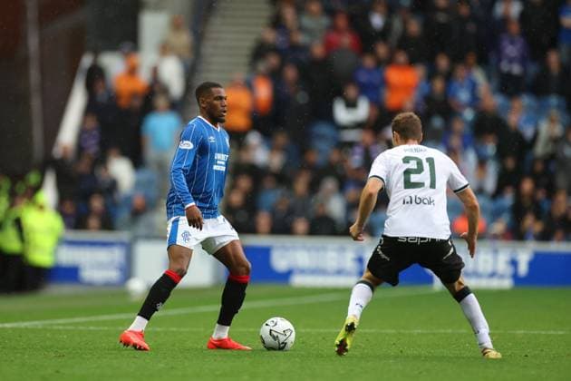 Dujon Sterling of Rangers and Matej Polidar of Jablonec during the UEFA Conference League play-off round first leg at Ibrox Stadium, Glasgow. Rangers v Jablonec - UEFA Conference League - Play-Off Round First Leg - Ibrox Stadium, Glasgow, Lanarkshire, Scotland, UK - 20 Aug 2026Glasgow Ibrox Lanarkshire United Kingdom  Copyright: xO Rourke RangersxFC Shutterstockx 17110133bs
