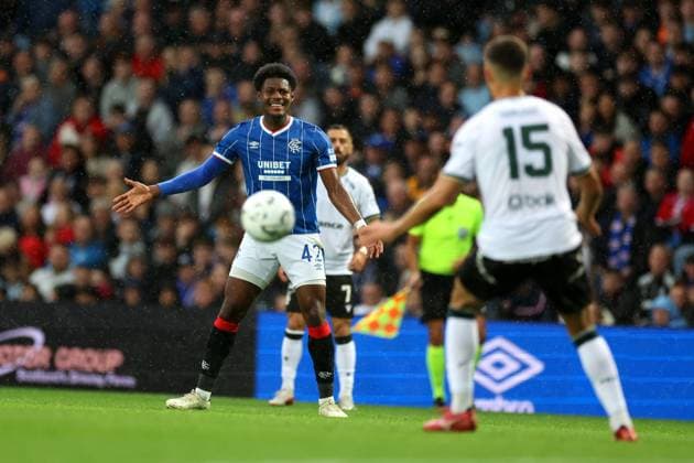 Tochi Chukwuani of Rangers during the UEFA Conference League play-off round first leg at Ibrox Stadium, Glasgow. Rangers v Jablonec - UEFA Conference League - Play-Off Round First Leg - Ibrox Stadium, Glasgow, Lanarkshire, Scotland, UK - 20 Aug 2026Glasgow Ibrox Lanarkshire United Kingdom  Copyright: xO Rourke RangersxFC Shutterstockx 17110133cb