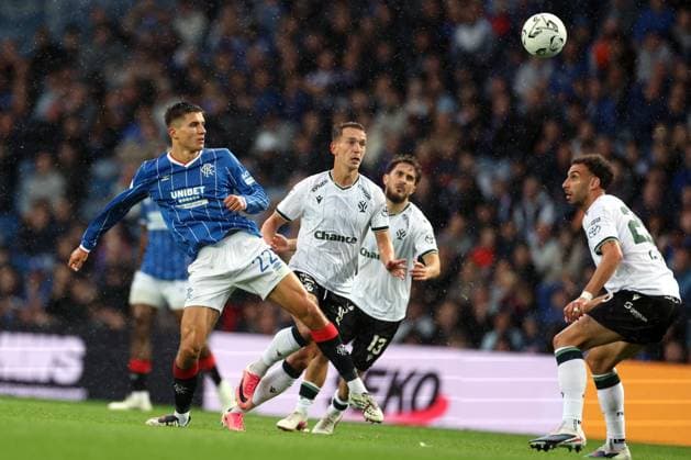 Vanja Dragojevic of Rangers battles for the ball during the UEFA Conference League play-off round first leg at Ibrox Stadium, Glasgow. Rangers v Jablonec - UEFA Conference League - Play-Off Round First Leg - Ibrox Stadium, Glasgow, Lanarkshire, Scotland, UK - 20 Aug 2026Glasgow Ibrox Lanarkshire United Kingdom  Copyright: xO Rourke RangersxFC Shutterstockx 17110133cd