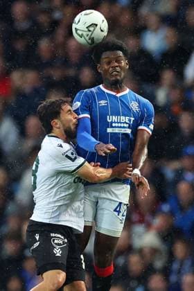 Richard Sedlacek of Jablonec jumps with Tochi Chukwuani of Rangers during the UEFA Conference League play-off round first leg at Ibrox Stadium, Glasgow. Rangers v Jablonec - UEFA Conference League - Play-Off Round First Leg - Ibrox Stadium, Glasgow, Lanarkshire, Scotland, UK - 20 Aug 2026Glasgow Ibrox Lanarkshire United Kingdom  Copyright: xO Rourke RangersxFC Shutterstockx 17110133bx