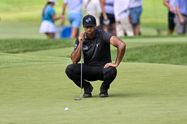 ST. LOUIS, MO - AUGUST 20: Ben Griffin of the United States lines up his putt on on the 6th green during the first round of the PGA, Golf Herren BMW Championship ship round one on Thursday August 20th, 2026 at Bellerive Country Club in Town and Country, MO (Photo by Rick Ulreich Icon Sportswire) GOLF: AUG 20 PGA BMW Championship EDITORIAL USE ONLY Icon260820583411