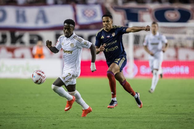 HNK Hajduk Split v Rakow Czestochowa - UEFA Conference League 2026 27 Play Off Round First Leg Abdoulie Sanyang Bamba of HNK Hajduk Split and Michael Ameyaw of Rakow Czestochowa competes for the ball during the UEFA Conference League 2026 27 play off first leg match between HNK Hajduk Split and Rakow Czestochowa at Poljud Stadium on August 20, 2026 in Split, Croatia.  ZvonimirxBarisin PIXSELL