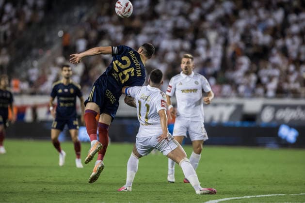 HNK Hajduk Split v Rakow Czestochowa - UEFA Conference League 2026 27 Play Off Round First Leg Bogdan Racovitan of Rakow Czestochowa and Michele Sego of HNK Hajduk Split competes for the ball during the UEFA Conference League 2026 27 play off first leg match between HNK Hajduk Split and Rakow Czestochowa at Poljud Stadium on August 20, 2026 in Split, Croatia.  ZvonimirxBarisin PIXSELL