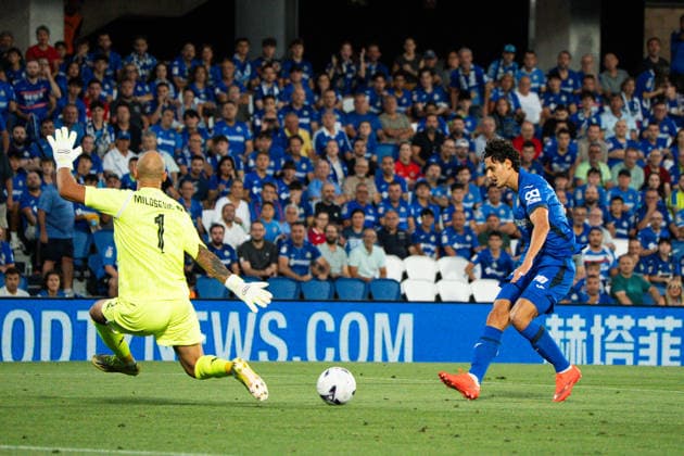 Marko Milosevic and Enes Ünal seen during Conference League 2026 27 Play-off game, 1st leg match between Getafe CF and FK Partizan played at Coliseum Stadium in Madrid (Marta Lopez Ball Raw Images) Getafe Estadio Coliseum Spain Copyright: xMartaxLopezx MartaLopez_BallRawImages_Getafe-Partizan-112
