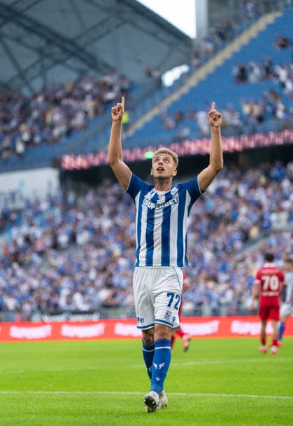 Mateusz Skrzypczak of KKS Lech Poznan celebrates during UEFA Europa League - Playoff Round season 26 27 match between teams of KKS Lech Poznan and FC Thun (Ruslan Taran Ball Raw Images) Poznan Enea Stadium Poland Copyright: xRuslanxTaranx RUS_LECH-THUN-0177
