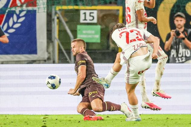 August 20, 2026, Zabrze, Poland: Eric Dier of AS Monaco (L) and Sondre Liseth of Gornik Zabrze (R) seen in action during the UEFA Conference League 2026 2027 match between Gornik Zabrze and AS Monaco at Municipal Stadium (Zabrze). FInal Score; Gornik Zabrze 2:3 AS Monaco..UEFA Conference League 2026 2027 match between Gornik Zabrze and AS Monaco UEFA Conference League 2026 2027 Match Gornik Zabrze And AS Monaco In Zabrze, Poland - 20 Aug 2026  - ZUMAs197 20260820_aaa_s197_329 Copyright: xGrzegorzxWajdax