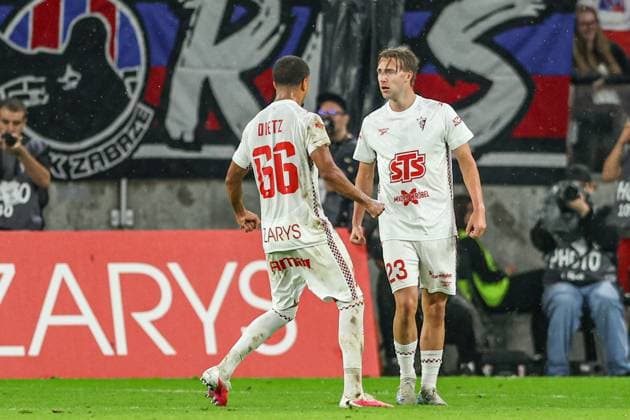 August 20, 2026, Zabrze, Poland: Maximilian Dietz of Gornik Zabrze (L) and Sondre Liseth of Gornik Zabrze (R) celebrate after scoring a goal during the UEFA Conference League 2026 2027 match between Gornik Zabrze and AS Monaco at Municipal Stadium (Zabrze). FInal Score; Gornik Zabrze 2:3 AS Monaco..UEFA Conference League 2026 2027 match between Gornik Zabrze and AS Monaco Zabrze Poland - ZUMAs197 20260820_aaa_s197_322 Copyright: xGrzegorzxWajdax