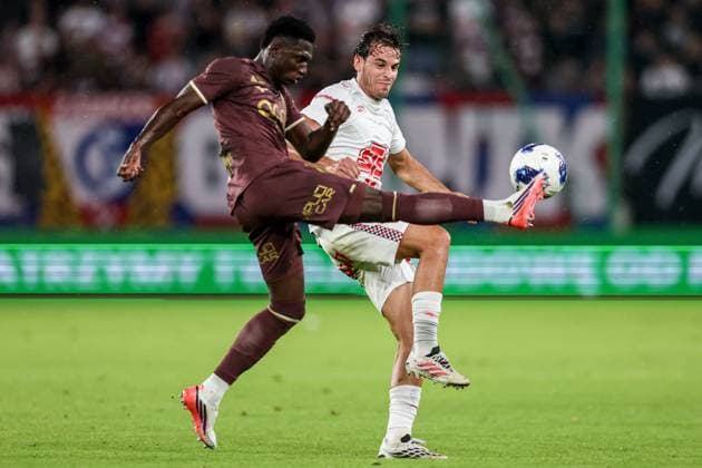 August 20, 2026, Zabrze, Poland: Lamine Camara of AS Monaco (L) and Paulo Bernardo of Gornik Zabrze (R) seen in action during the UEFA Conference League 2026 2027 match between Gornik Zabrze and AS Monaco at Municipal Stadium (Zabrze). FInal Score; Gornik Zabrze 2:3 AS Monaco..UEFA Conference League 2026 2027 match between Gornik Zabrze and AS Monaco Zabrze Poland - ZUMAs197 20260820_aaa_s197_325 Copyright: xGrzegorzxWajdax