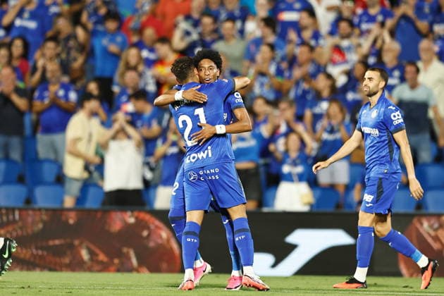 Johan Mojica (Getafe), AUGUST 20, 2026 - Football Soccer : Mojica celebrate with Andres Garcia after his goal during UEFA Europa Conference League Play-offs 1st leg match between Getafe CF - FK Partizan at the Estadio Coliseum de Getafe in Getafe, Spain. Noxthirdxpartyxsales  aflo_341828456 MutsuxKawamorix
