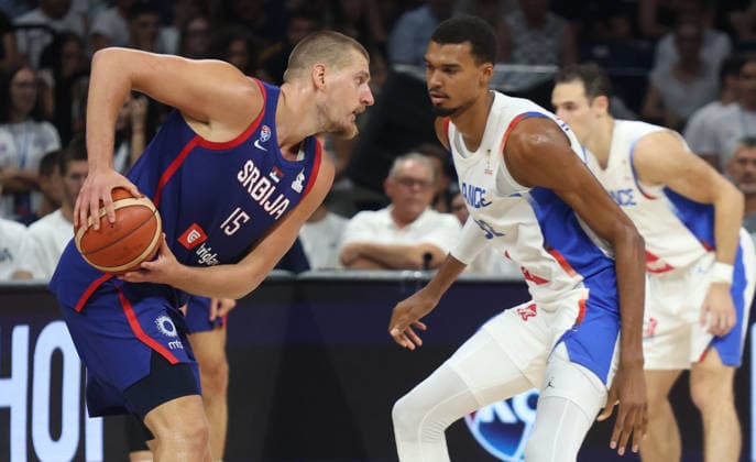 20.08.2026 Belgrade Serbia-France international men s basketball frienldy match Nikola Jokic(L) Serbia, Victor Wembanyama(R) France :D.Sandic