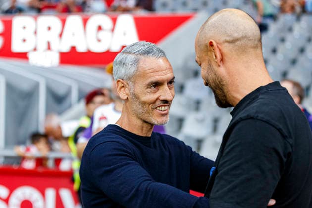 BRAGA, PORTUGAL - AUGUST 20: SC Braga Head Coach Carlos Vicens (L) salutes FK Austria Wien Head Coach Stephan Helm (R) prior to the UEFA Conference League 2026 27 Qualifying Round Final First Leg match between SC Braga and FK Austria Wien at Estadio Municipal de Braga on August 20, 2026 in Braga, Portugal. (Photo by Diego Maranhao Eurasia Images) Braga Estadio Municipal de Braga Portugal *** BRAGA, PORTUGAL AUGUST 20 SC Braga Head Coach Carlos Vicens (L) greets FK Austria Wien Head Coach Stephan Helm (R) prior to the UEFA Conference League 2026–27 Qualifying Round Final First Leg match between SC Braga and FK Austria Wien at Estadio Municipal de Braga on August 20, 2026 in Braga, Portugal. Photo by Diego Maranhao, Eurasia Sport Images. Braga, Estadio Municipal de Braga, Portugal Copyright: x x2026xEurasiaxSportxImagesx jp-en-EuSpIm-DIE_Braga_Austria_20Aug2026_PT003