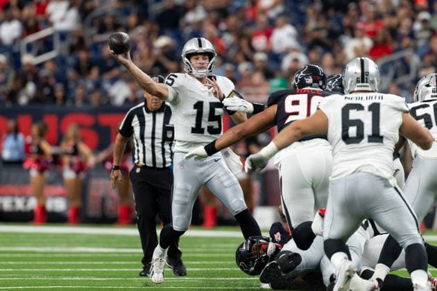 HOUSTON, TX - AUGUST 20: Quarterback Fernando Mendoza 15 of the Las Vegas Raiders throws an interception for a pick six during the NFL, American Football Herren, USA preseason game between the Houston Texans and the Las Vegas Raiders on August 20, 2026, at Reliant Stadium in Houston, TX. (Photo by David Buono Icon Sportswire) NFL: AUG 20 Raiders at Texans EDITORIAL USE ONLY Icon260820008