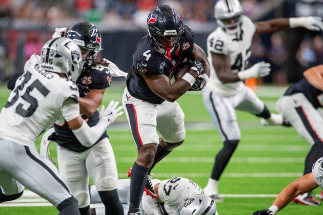 August 20, 2026: Houston Texans running back Woody Marks (4) runs for a touchdown during a preseason game between the Las Vegas Raiders and the Houston Texans in Houston, TX. .. CSM USA - ZUMAc04_ 20260820_faf_c04_015 Copyright: xTraskxSmithx