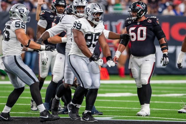 August 20, 2026: Las Vegas Raiders defensive tackle Thomas Booker IV (99) celebrates his sack during a preseason game between the Las Vegas Raiders and the Houston Texans in Houston, TX. .. CSM NFL, American Football Herren, USA 2026: Raiders Vs Texans AUG 20  - ZUMAc04_ 20260820_faf_c04_011 Copyright: xTraskxSmithx