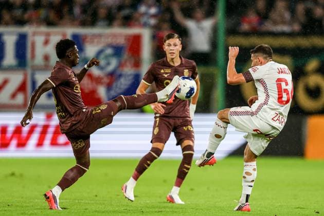 UEFA Conference League 2026 2027 match Gornik Zabrze and AS Monaco in Zabrze, Poland - 20 Aug 2026 Lamine Camara of AS Monaco (L), Mathys Detourbet of AS Monaco (C) and Erik Janza of Gornik Zabrze (R) seen in action during the UEFA Conference League 2026 2027 match between Gornik Zabrze and AS Monaco at Municipal Stadium (Zabrze). FInal Score; Gornik Zabrze 2:3 AS Monaco. Zabrze Poland Copyright: xGrzegorzxWajdax xSOPAxImagesx Grzegorz-Wajda-1443493