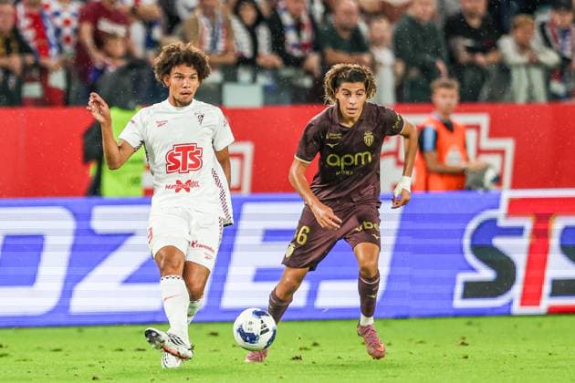 UEFA Conference League 2026 2027 match Gornik Zabrze and AS Monaco in Zabrze, Poland - 20 Aug 2026 Janis Antiste of Gornik Zabrze (L) and Anis Soubeir of AS Monaco (R) seen in action during the UEFA Conference League 2026 2027 match between Gornik Zabrze and AS Monaco at Municipal Stadium (Zabrze). FInal Score; Gornik Zabrze 2:3 AS Monaco. Zabrze Poland Copyright: xGrzegorzxWajdax xSOPAxImagesx Grzegorz-Wajda-1443512