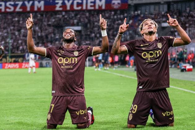 UEFA Conference League 2026 2027 match Gornik Zabrze and AS Monaco in Zabrze, Poland - 20 Aug 2026 Stanis Idumbo of AS Monaco (L) and Paris Brunner of AS Monaco (R) celebrate after scoring a goal during the UEFA Conference League 2026 2027 match between Gornik Zabrze and AS Monaco at Municipal Stadium (Zabrze). FInal Score; Gornik Zabrze 2:3 AS Monaco. Zabrze Poland Copyright: xGrzegorzxWajdax xSOPAxImagesx Grzegorz-Wajda-1443517
